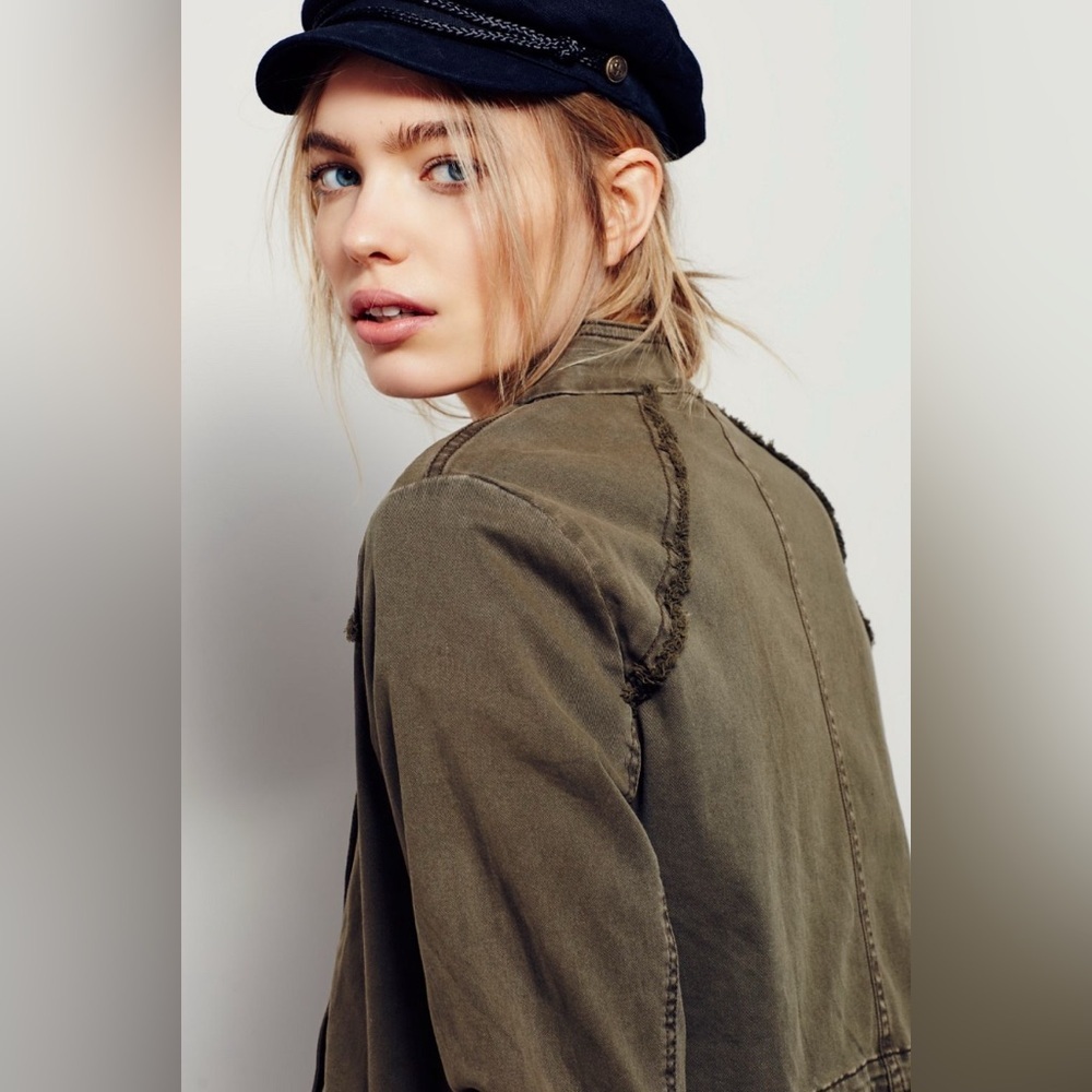 New Free People Flared Ruffle Hem Military Button Jacket Olive Army Green - Picture 9 of 13